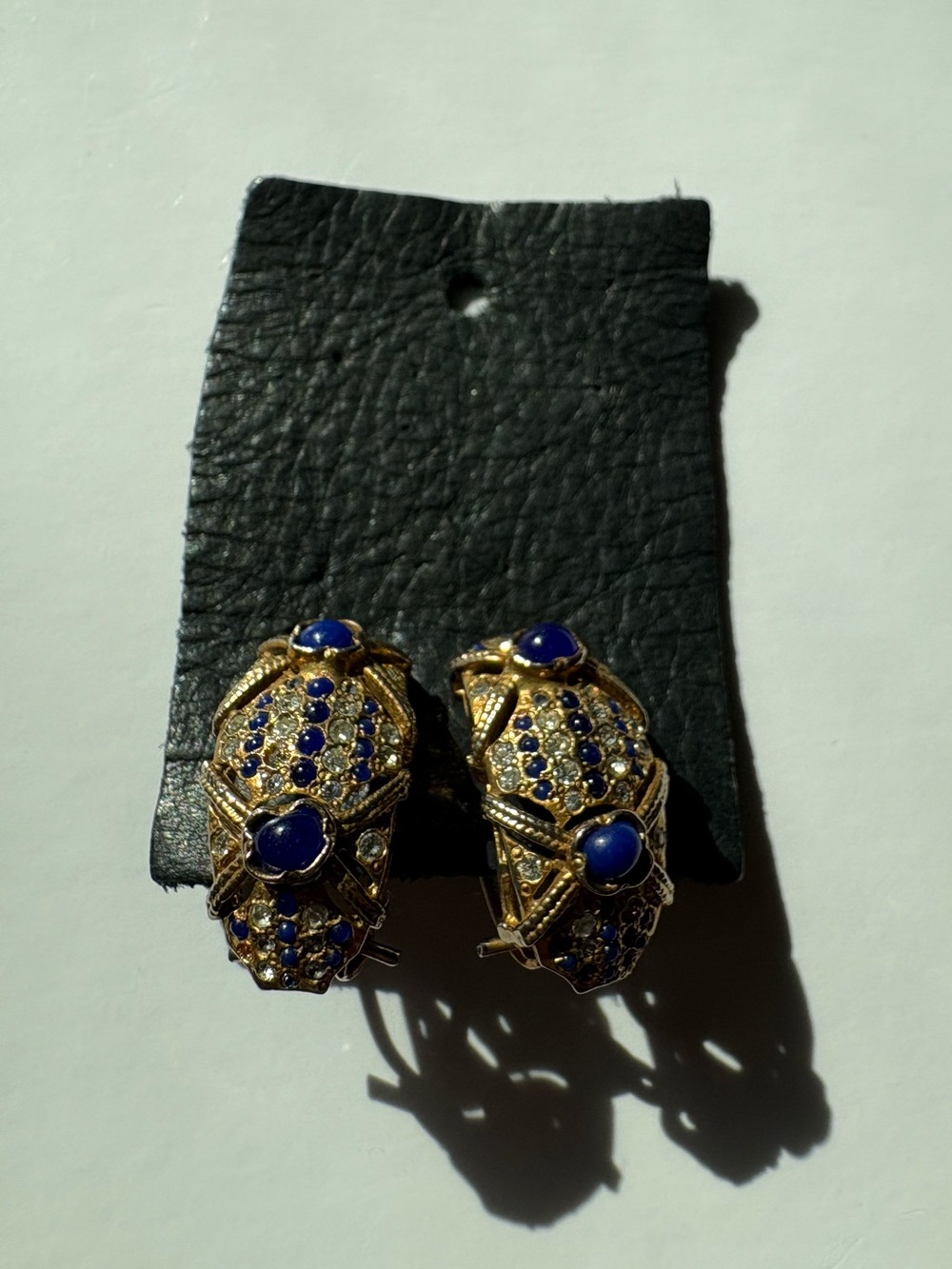 Vintage Gold Domed Sculptural Lapis Cabochon Rhinestone Diamond Stud Earrings - Picture 10 of 16